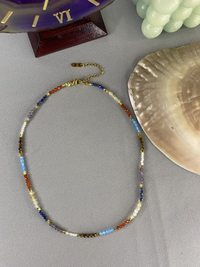 3 mm  Kuvars,Lapis Lazuli, Kaplangözü, Akuamarin, Akik, Sitrin ve  Ametist Doğal Taş Çakra Kolye Faset Kesim