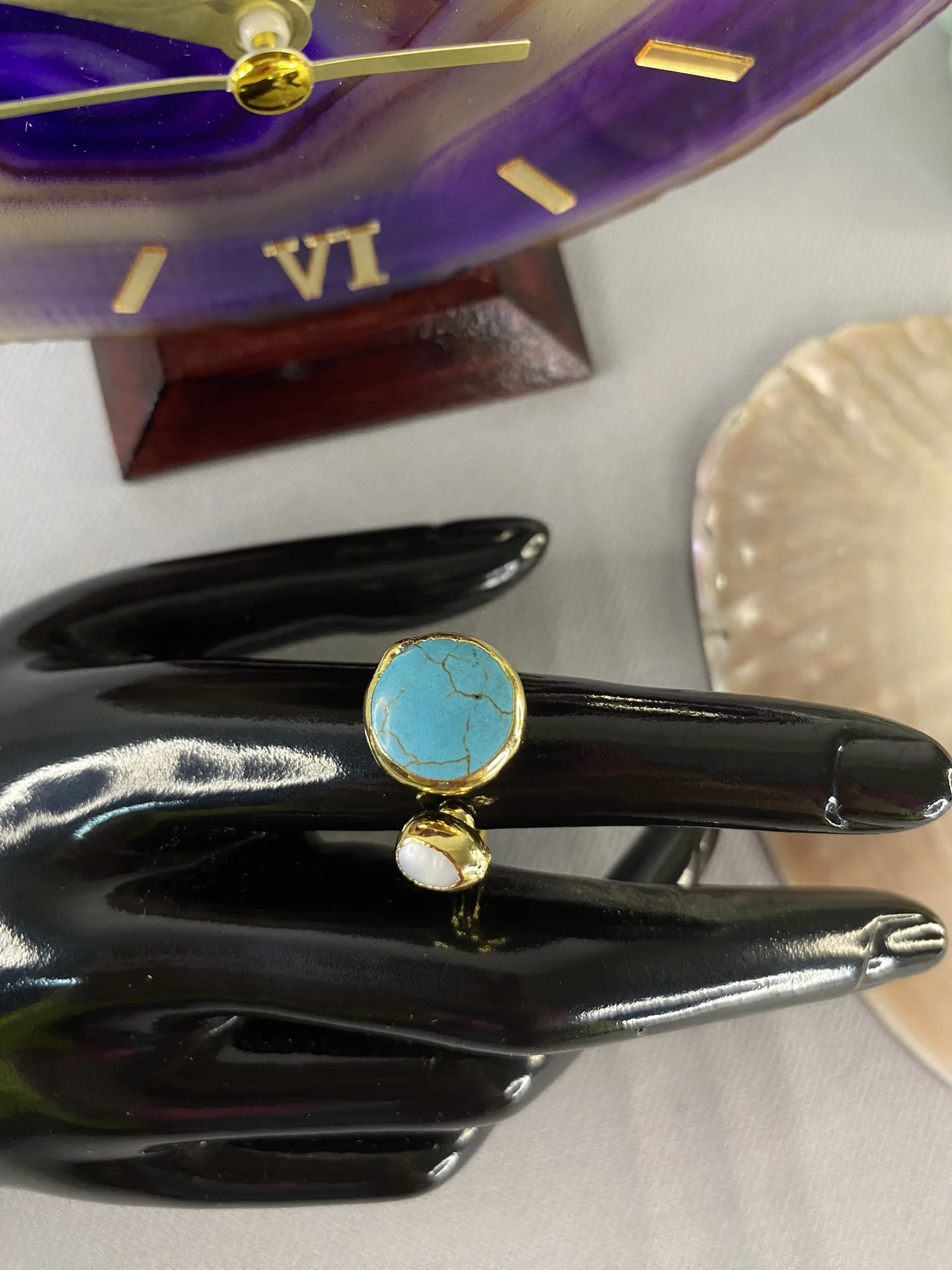 İnci ve Firuze Doğal Taş Yüzük Yassı Kesim Gold Renk